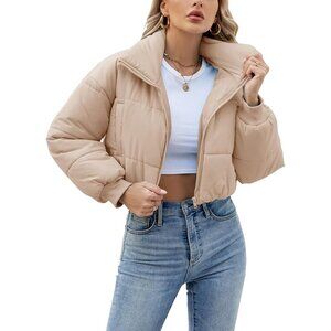 Women's 02khaki Lightweight Quilted  Puffer Jacket Coat Long Sleeve Zipper